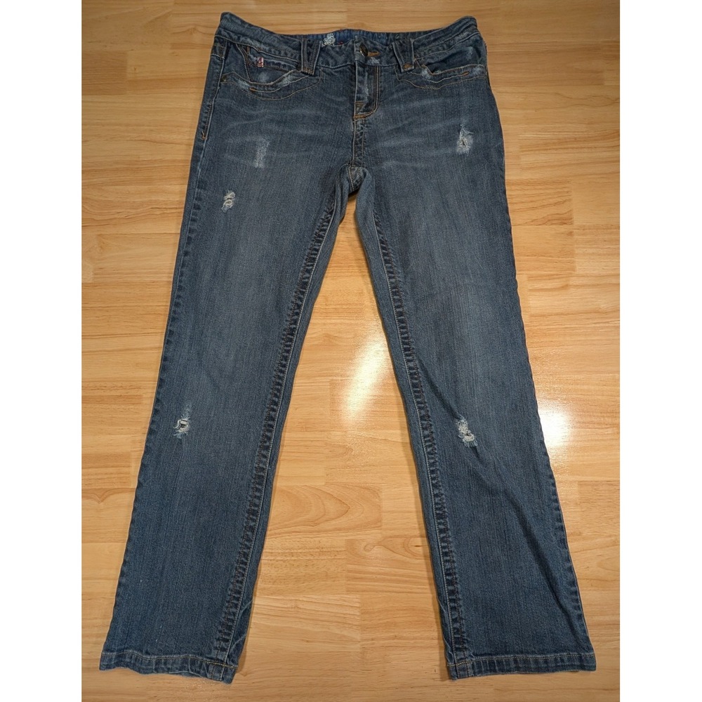 Candies Womens Blue Distressed Embroidered Straight Leg Jeans Size 9 C031VZAR